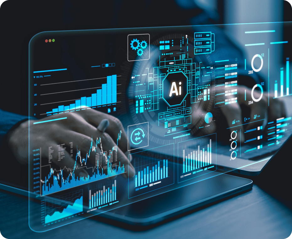 Hands typing with digital AI interface